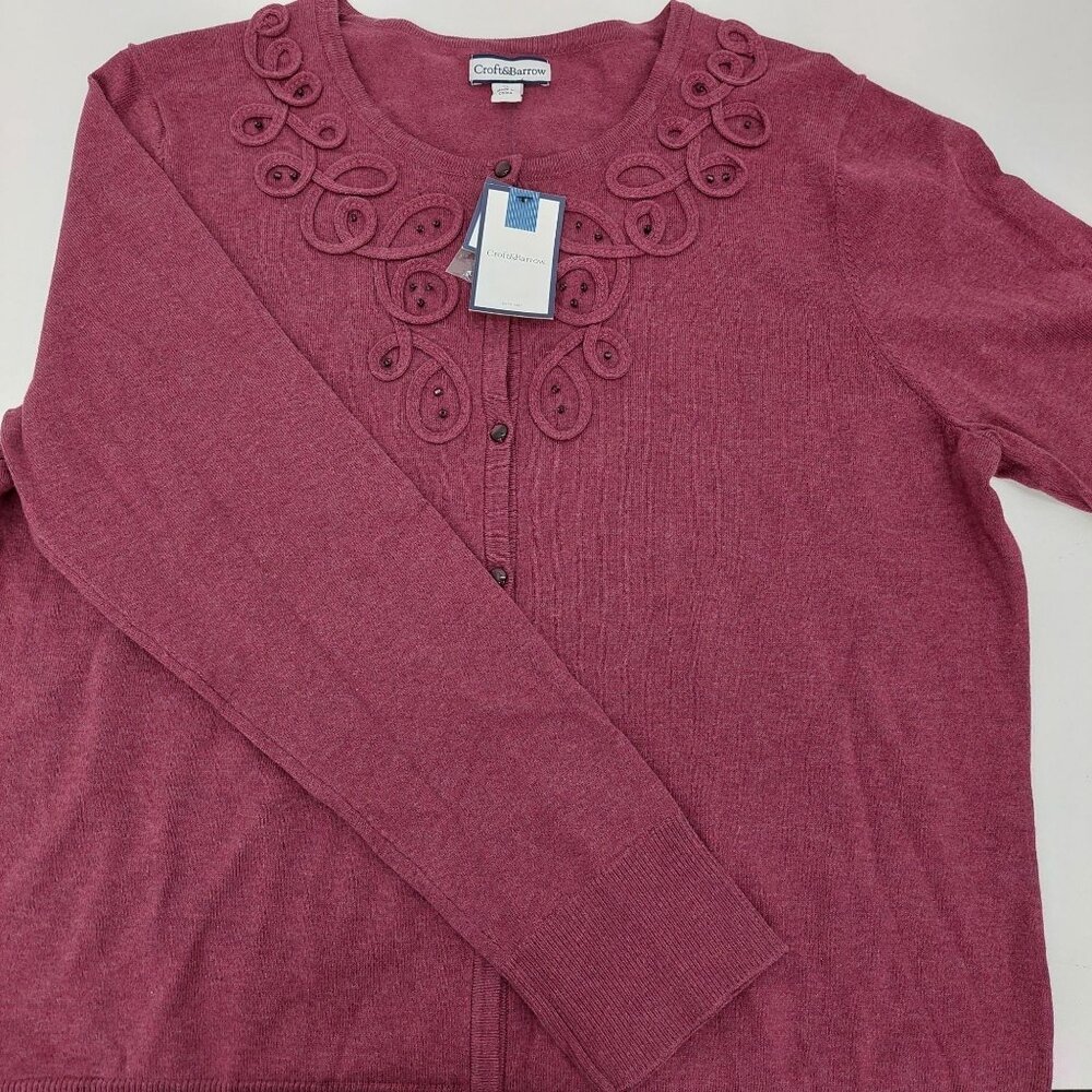 Croft & Barrow Women's XL Cardigan Wine Red Pima Cotton Embellished Neckline NWT - Picture 3 of 8